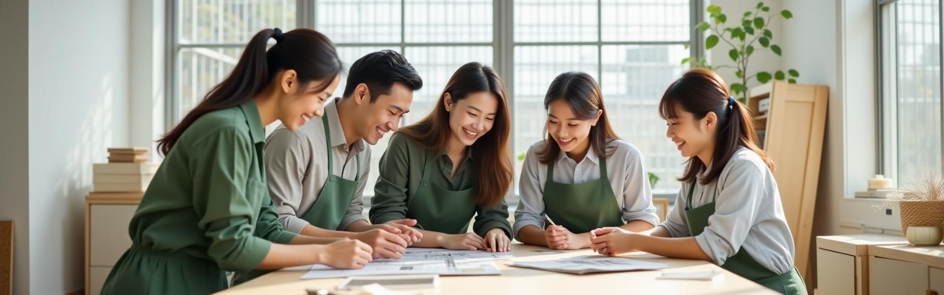 Umi Tatebaのチームが明るい作業スペースで収納デザインについて活発に議論している様子