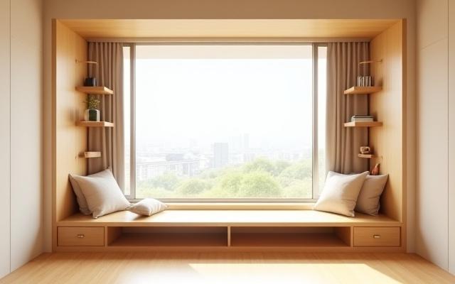 港区マンションの窓下に設置された、ベンチとしても使えるカスタム本棚