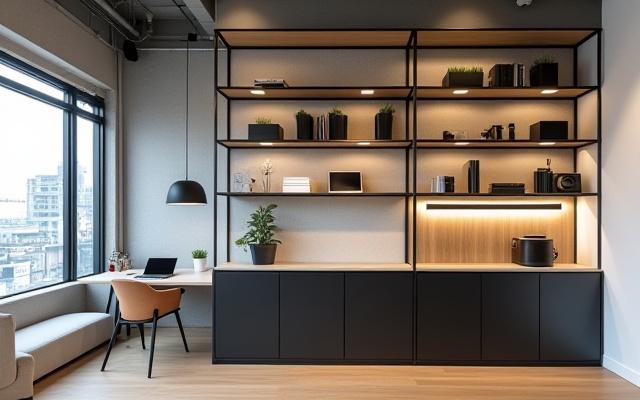 渋谷区SOHOオフィスに設置された、仕事と生活空間を分ける可動式パーテーション収納