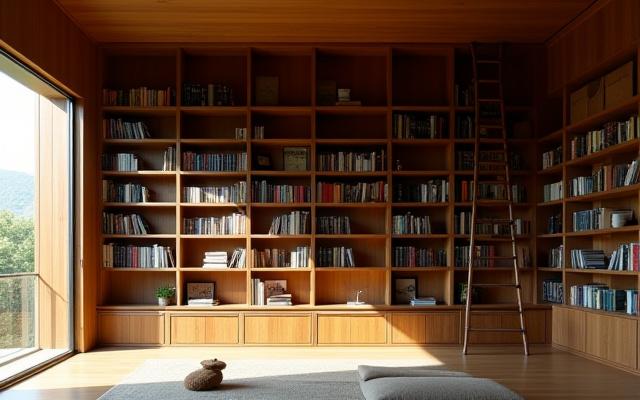 杉並区戸建の吹き抜けの壁一面に設置された、天井まで届く壮大なライブラリシェルフ