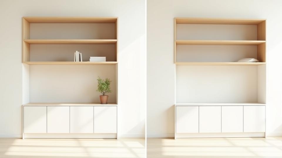 リビングルームに配置されたカスタム棚の3Dレンダリング画像と、その横に実際の設置写真