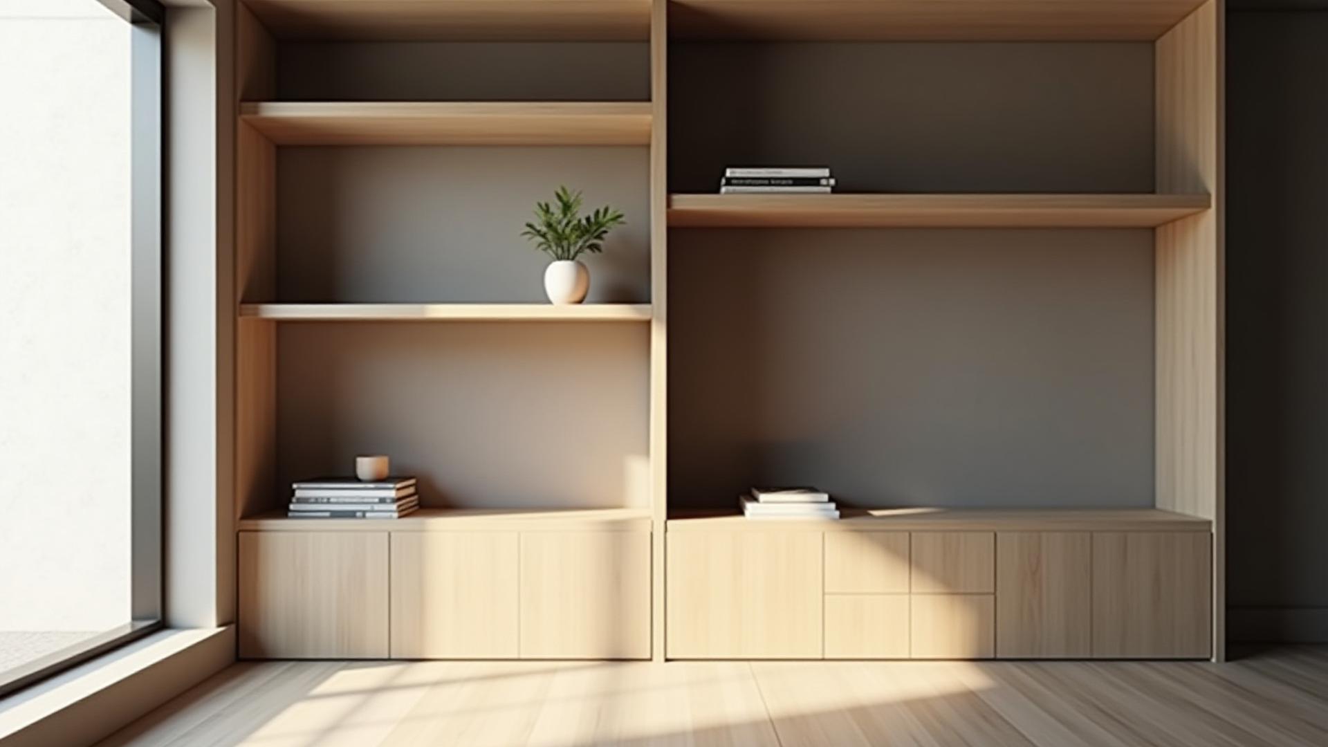 自然光が差し込む美しいリビングに設置されたミニマルな収納棚