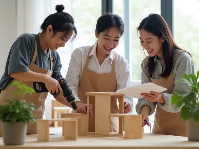 Umi Tatebaのワークショップで笑顔で協力し合って棚を組み立てる参加者たち