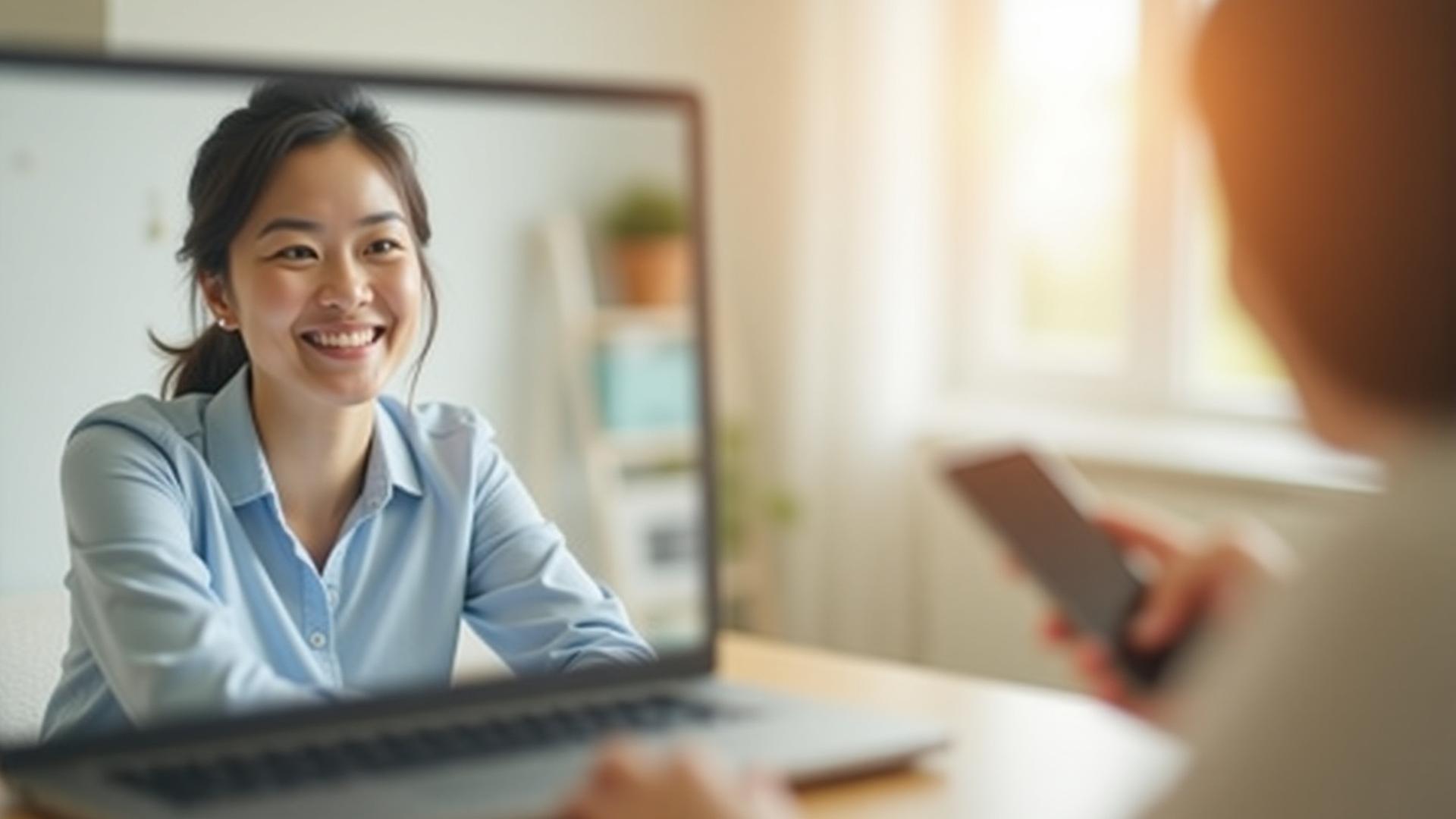 ノートPC画面で笑顔のコンサルタントと、自宅でリラックスして相談している顧客の様子