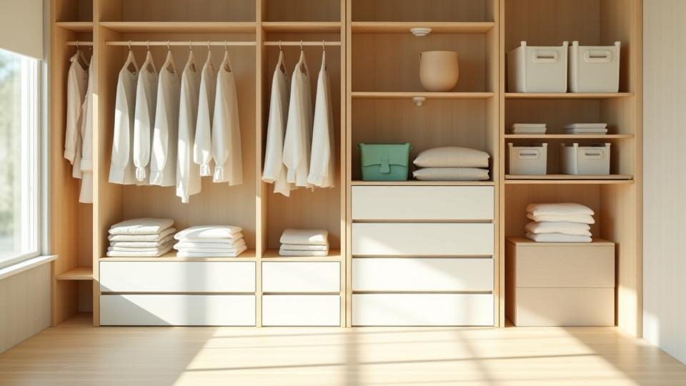 整理整頓されたクローゼット。吊るす収納と引き出しが機能的に配置されている。