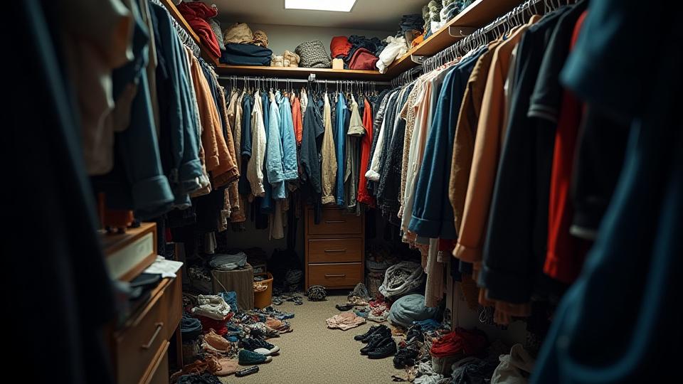モノで溢れかえったクローゼット。衣類や小物が無秩序に積み重ねられている。