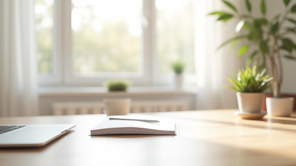 整理されたミニマルなワークデスク。必要な文具が収納され、PCと観葉植物が置かれている。