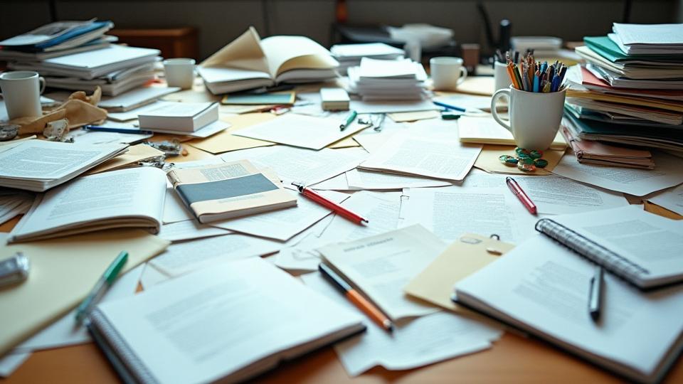 書類が山積みになった散らかったデスク。集中できない環境。