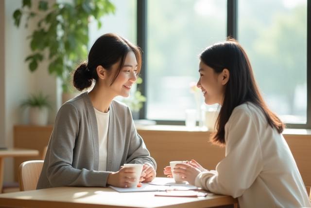 Umi Tatebaのプロ整理収納アドバイザーがカフェで顧客と和やかに話し合う様子。信頼感と親しみやすさを表現。