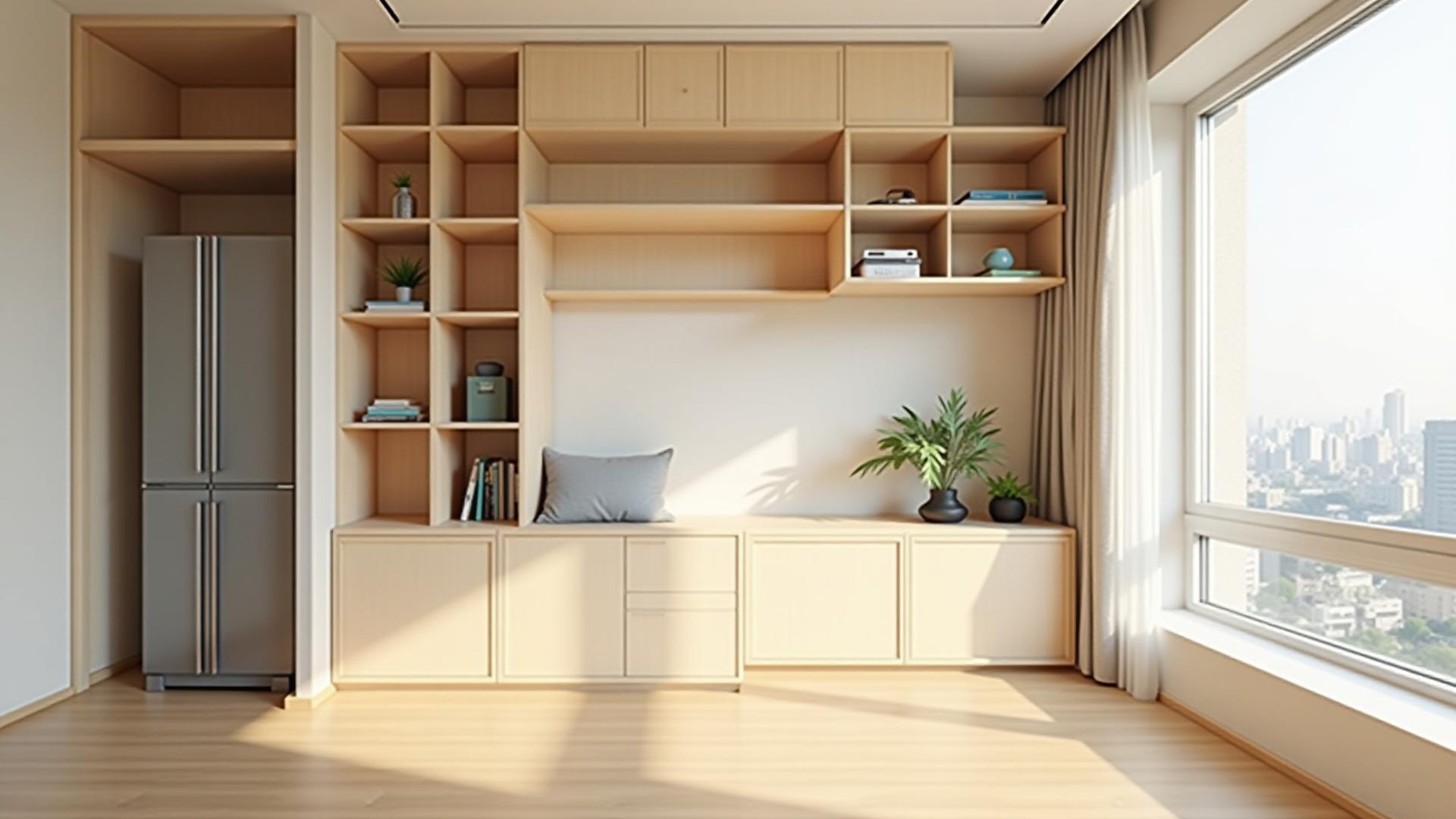 コンパクトなワンルームマンションの、 cleverly designed storageによって広く機能的に使われている様子