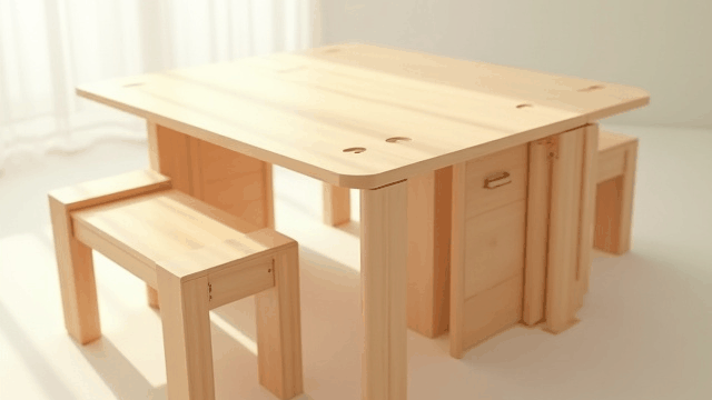 デスクにもなるダイニングテーブルの変形デモンストレーション