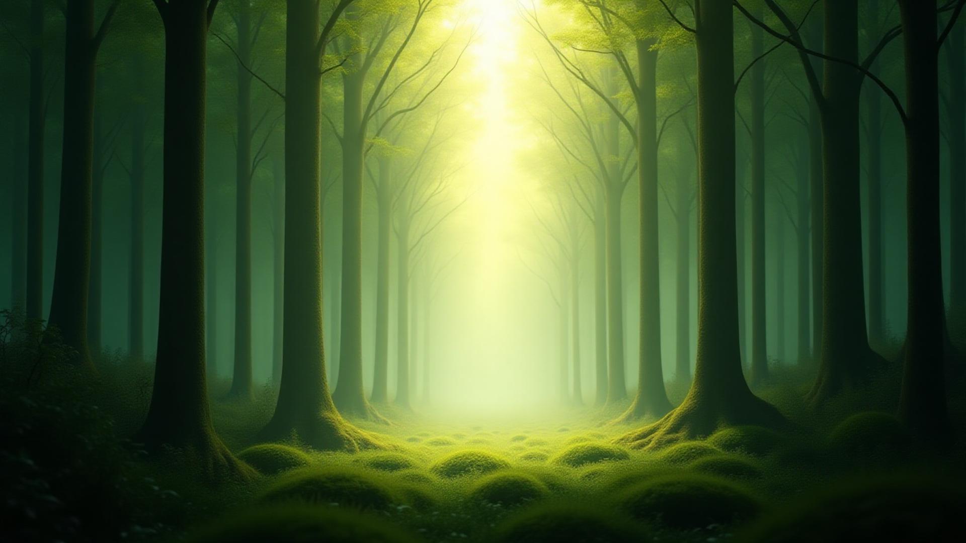 緑豊かな森林、自然光が差し込む